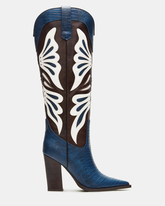 KAZ Blue/White Pointed-Toe Knee-High Block Heel Western Women's Boot