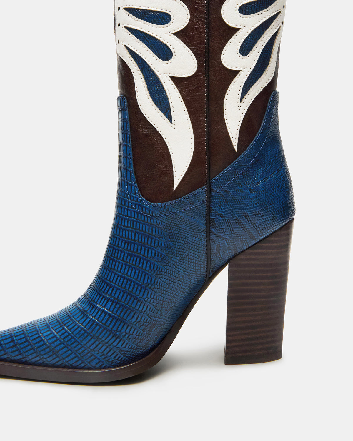 KAZ Blue/White Pointed-Toe Knee-High Block Heel Western Women's Boot