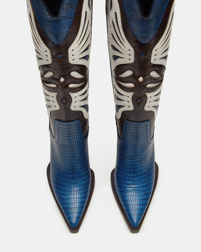 KAZ Blue/White Pointed-Toe Knee-High Block Heel Western Women's Boot
