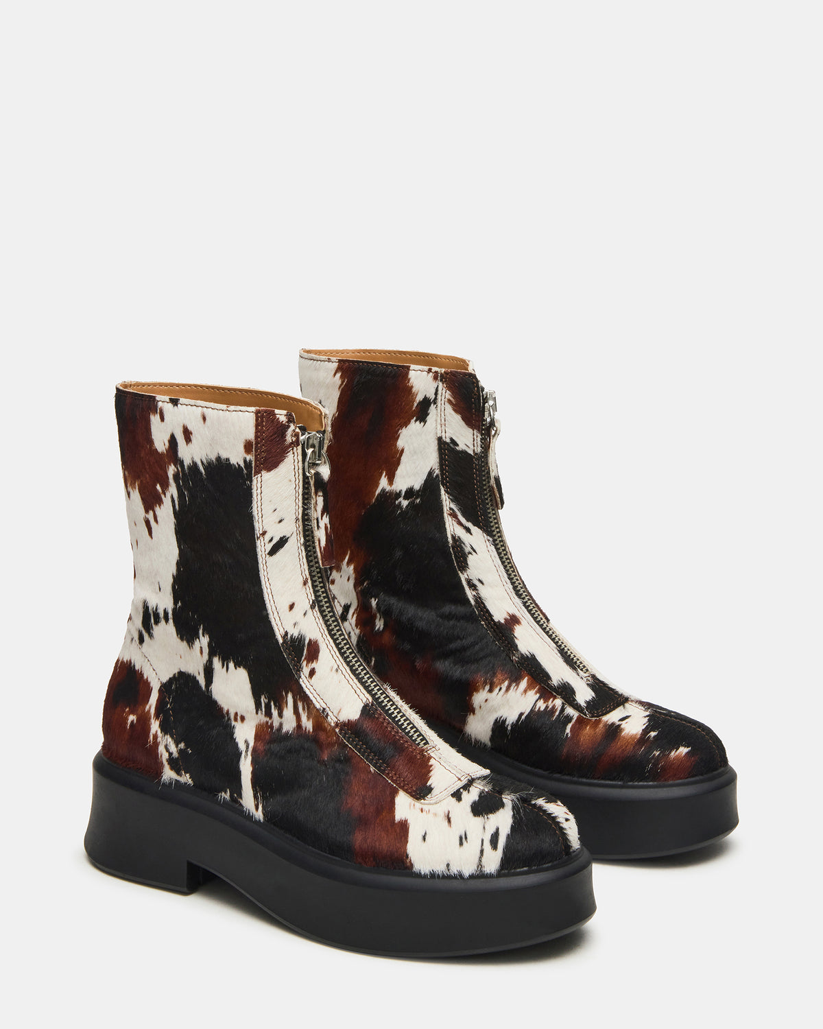 JONES Brown Cow Print Zipper Lug Women's Ankle Boot