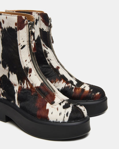 JONES Brown Cow Print Zipper Lug Women's Ankle Boot