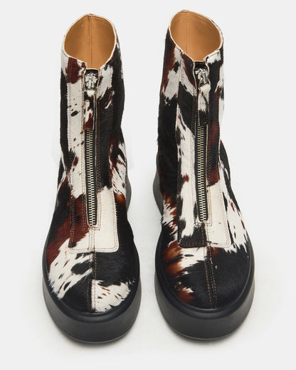 JONES Brown Cow Print Zipper Lug Women's Ankle Boot