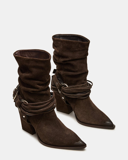 LAUPER Dark Taupe Suede Pointed-Toe Heeled Buckle Women's Ankle Boot