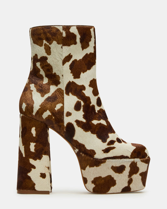 TRILLION Brown Cow Print Platform Square-Toe Block Heel Women's Ankle Boot