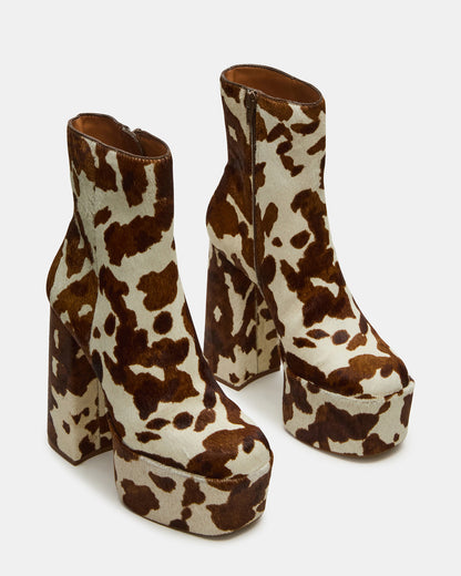 TRILLION Brown Cow Print Platform Square-Toe Block Heel Women's Ankle Boot