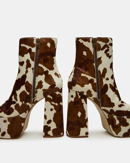 TRILLION Brown Cow Print Platform Square-Toe Block Heel Women's Ankle Boot