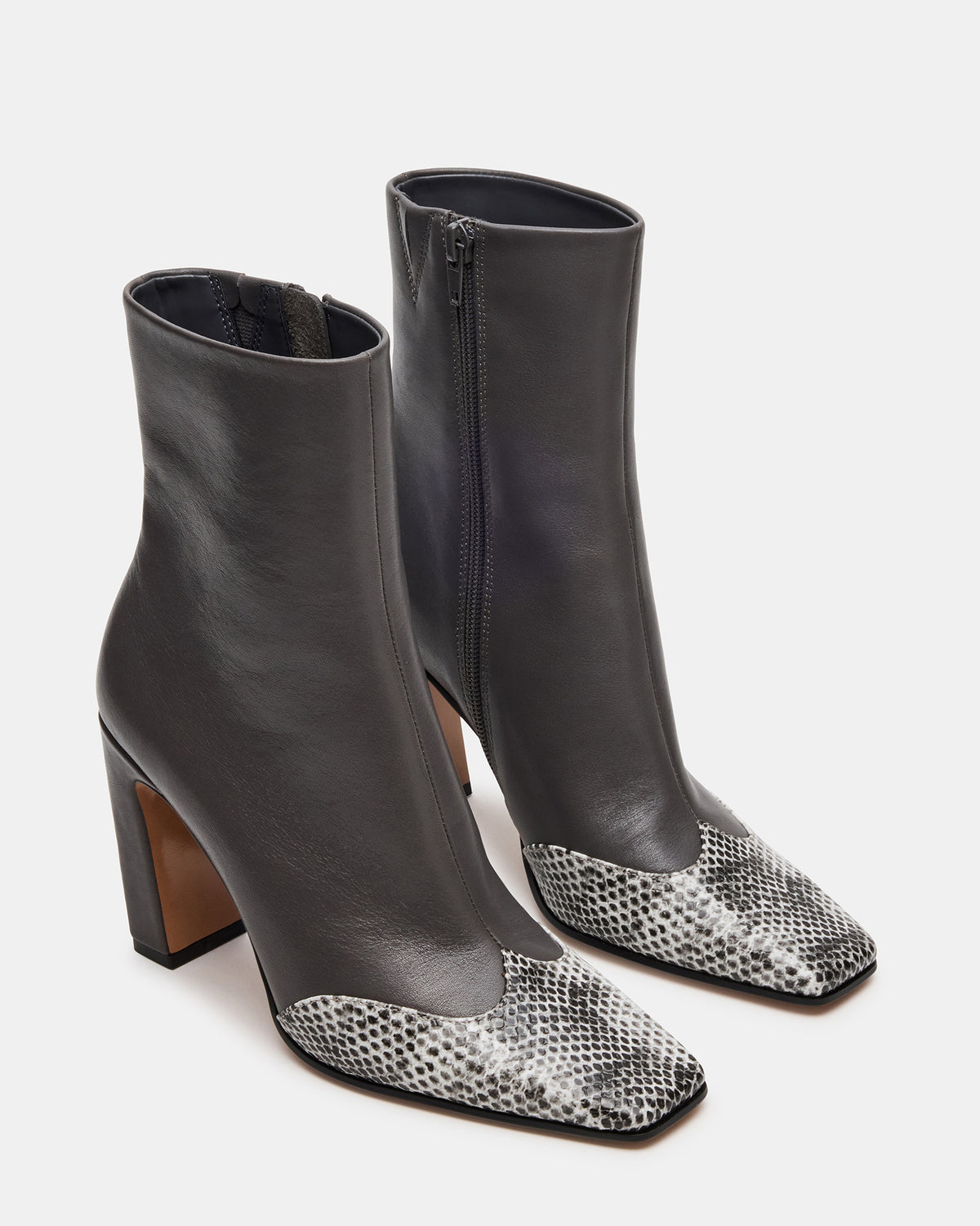 LYLE Grey Leather Square-Toe Heeled Women's Ankle Boot