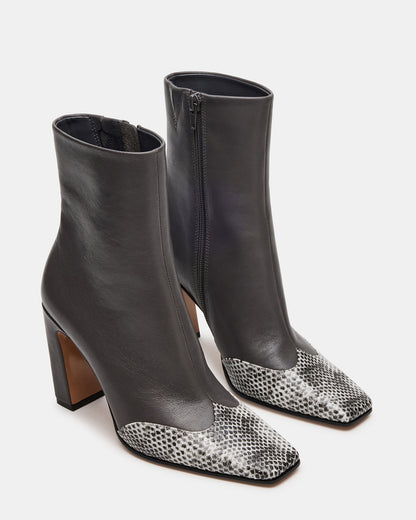 LYLE Grey Leather Square-Toe Heeled Women's Ankle Boot