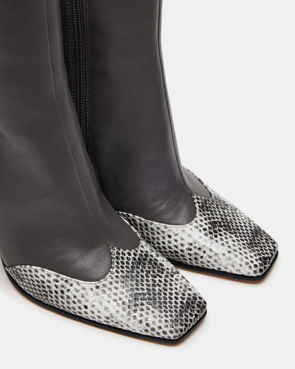 LYLE Grey Leather Square-Toe Heeled Women's Ankle Boot