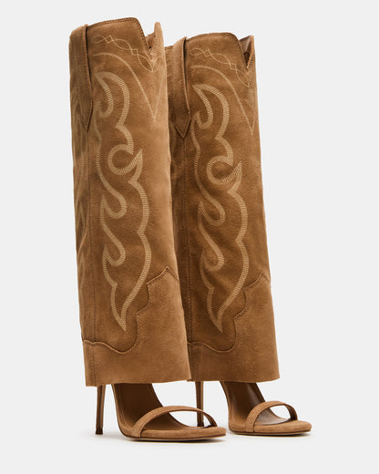 RAVINE Western Tan Suede Knee-High Cuffed Stiletto Heel Women's Boot