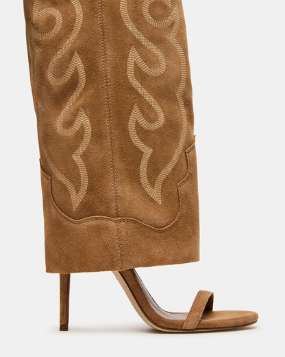 RAVINE Western Tan Suede Knee-High Cuffed Stiletto Heel Women's Boot