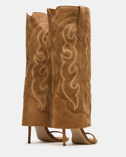 RAVINE Western Tan Suede Knee-High Cuffed Stiletto Heel Women's Boot