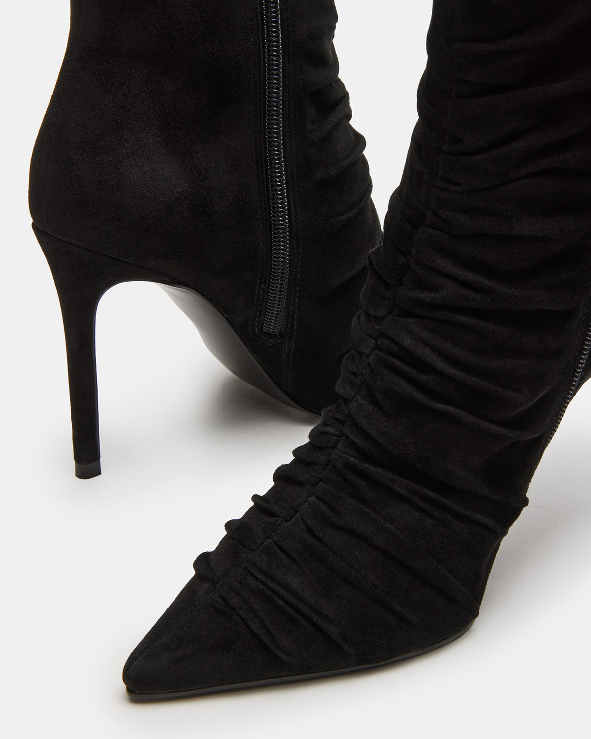 TEASE Black Suede Ruched Pointed Toe Ankle Boot | Women's Booties