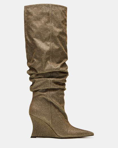 DISTORTION Gold Glitter Pointed-Toe Scrunched Knee-High Wedge Women's Boot