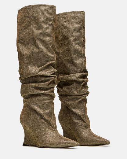 DISTORTION Gold Glitter Pointed-Toe Scrunched Knee-High Wedge Women's Boot