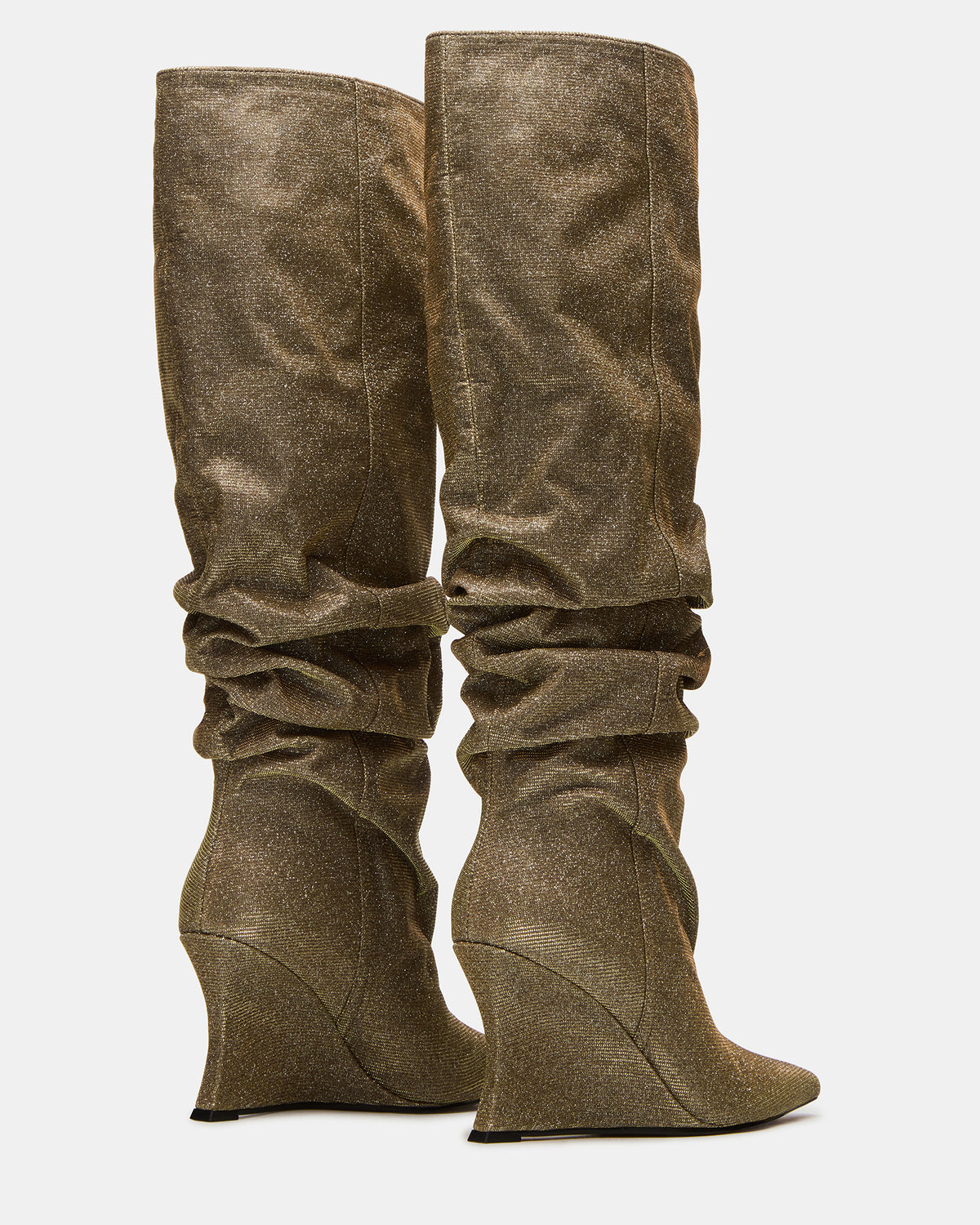 DISTORTION Gold Glitter Pointed-Toe Scrunched Knee-High Wedge Women's Boot