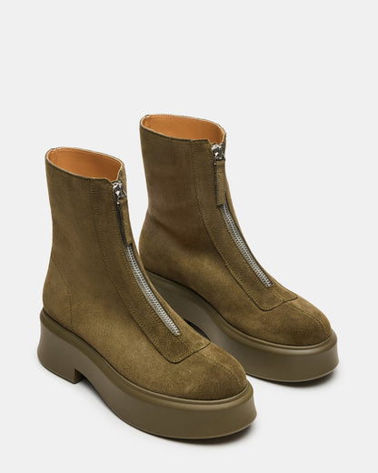 JONES Olive Suede Zipper Lug Women's Ankle Boot