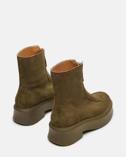 JONES Olive Suede Zipper Lug Women's Ankle Boot
