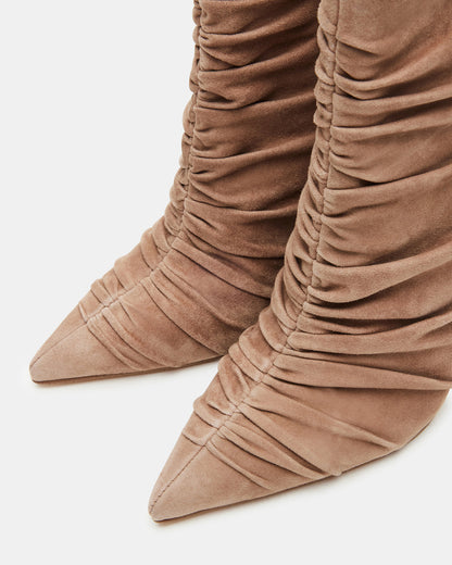 TEASE Taupe Suede Ruched Pointed Toe Ankle Boot | Women's Booties