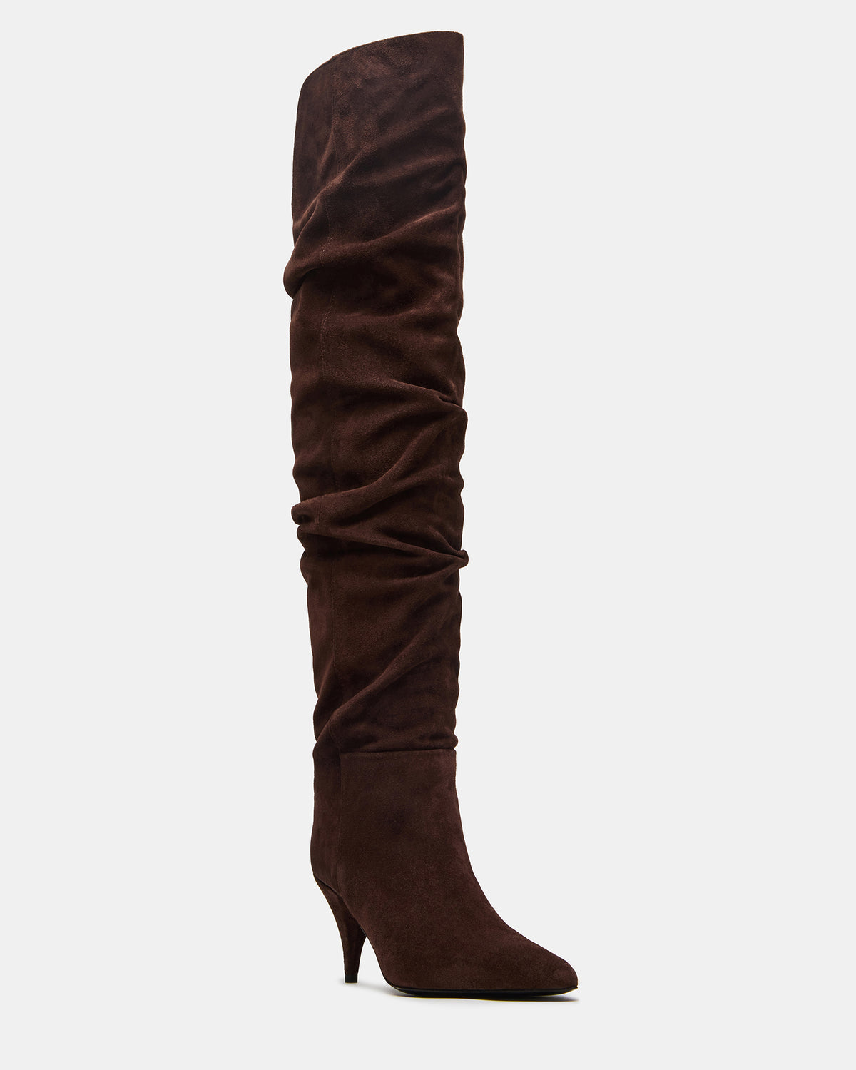 LINGER Brown Suede Pointed-Toe Over-The-Knee Heeled Women's Boot