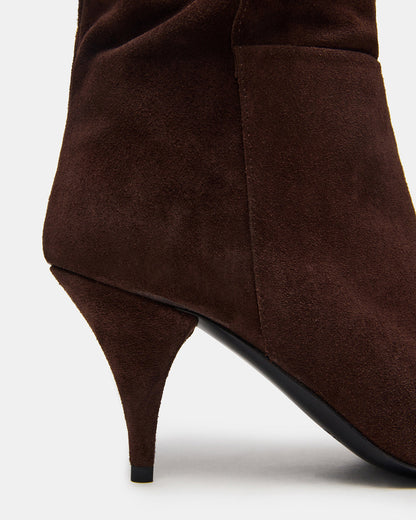LINGER Brown Suede Pointed-Toe Over-The-Knee Heeled Women's Boot