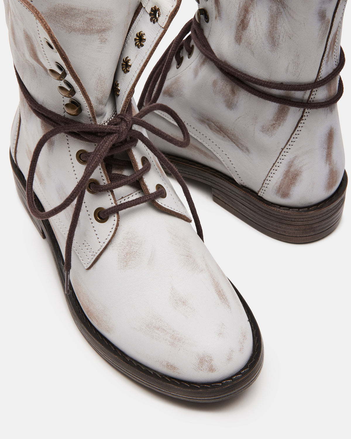 DEVIE White Leather Lace-Up Combat Bootie | Women's Booties