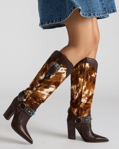 KOLT-H Brown Multi Pointed-Toe Knee-High Western Block Heel Women's Boot