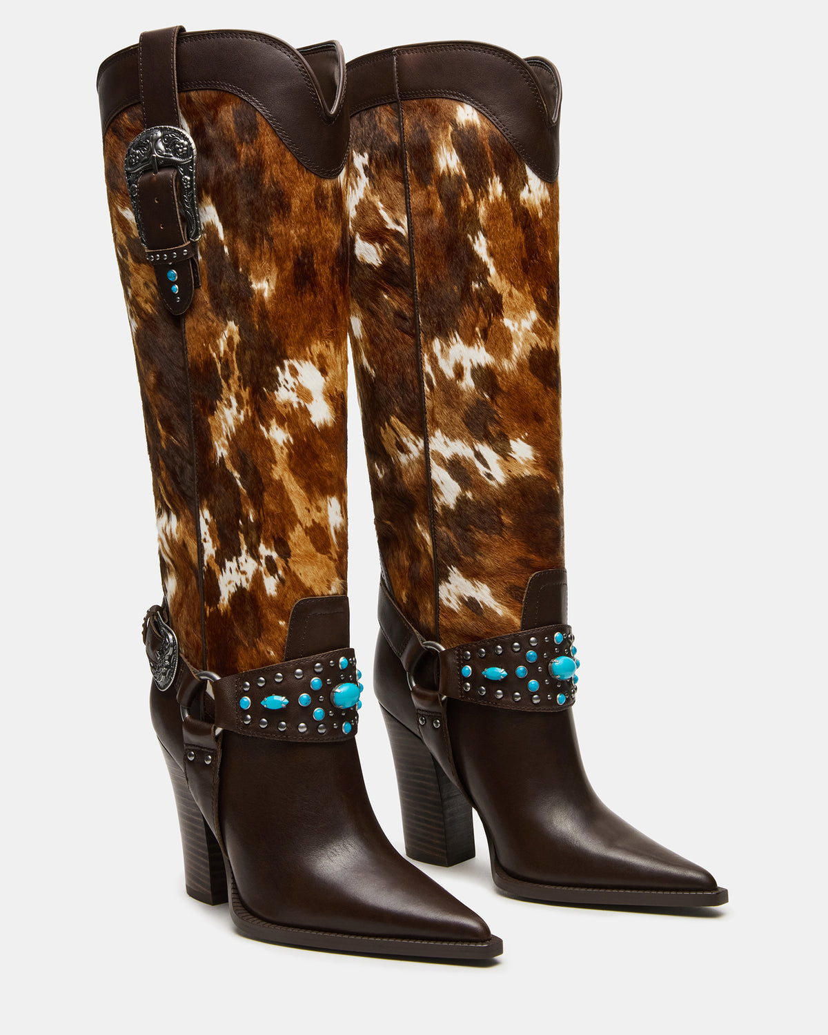 KOLT-H Brown Multi Pointed-Toe Knee-High Western Block Heel Women's Boot