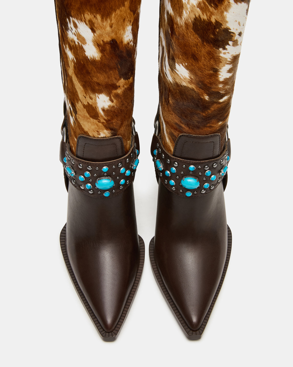 KOLT-H Brown Multi Pointed-Toe Knee-High Western Block Heel Women's Boot
