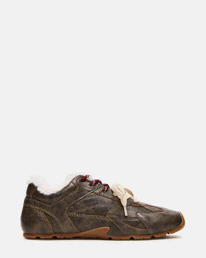 AZIEL Faux Fur Brown Distressed Low-Top Lace-Up Women's Sneakers