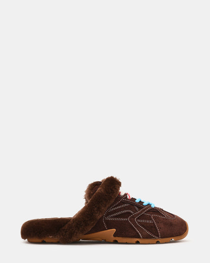 AZIEL MULE Faux Fur Chocolate Brown Suede Low-Top Lace-Up Slip-On Women's Sneaker