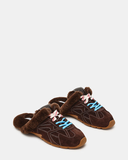 AZIEL MULE Faux Fur Chocolate Brown Suede Low-Top Lace-Up Slip-On Women's Sneaker