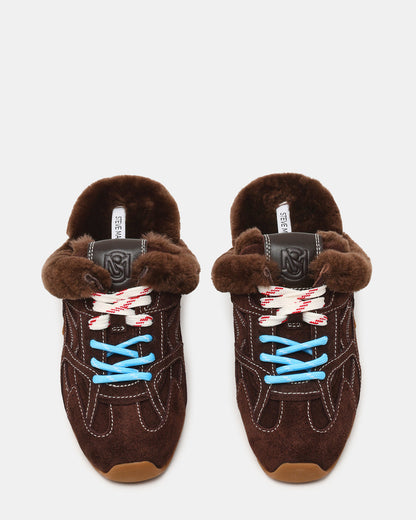 AZIEL MULE Faux Fur Chocolate Brown Suede Low-Top Lace-Up Slip-On Women's Sneaker