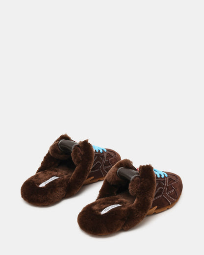 AZIEL MULE Faux Fur Chocolate Brown Suede Low-Top Lace-Up Slip-On Women's Sneaker