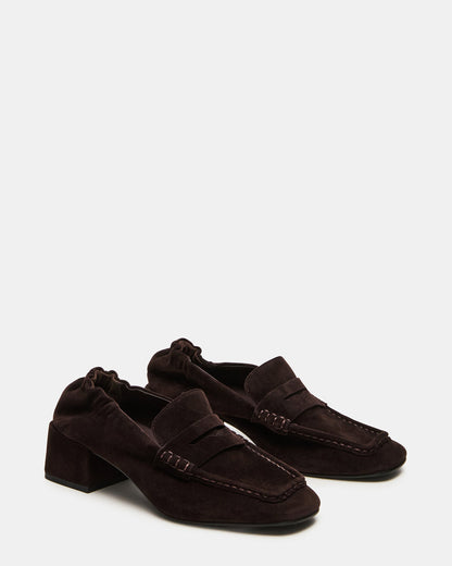 ESTEE Brown Suede Square-Toe Heeled Women's Loafer