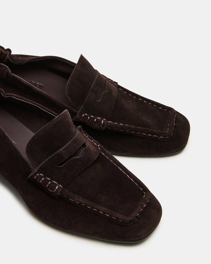 ESTEE Brown Suede Square-Toe Heeled Women's Loafer