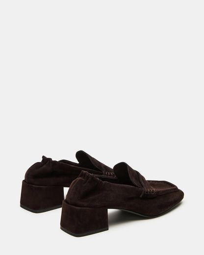 ESTEE Brown Suede Square-Toe Heeled Women's Loafer