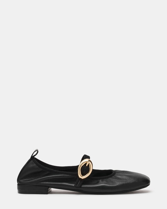DAFFIA Black Leather Mary Jane Gold-Detail Buckle Ballet Women's Flat