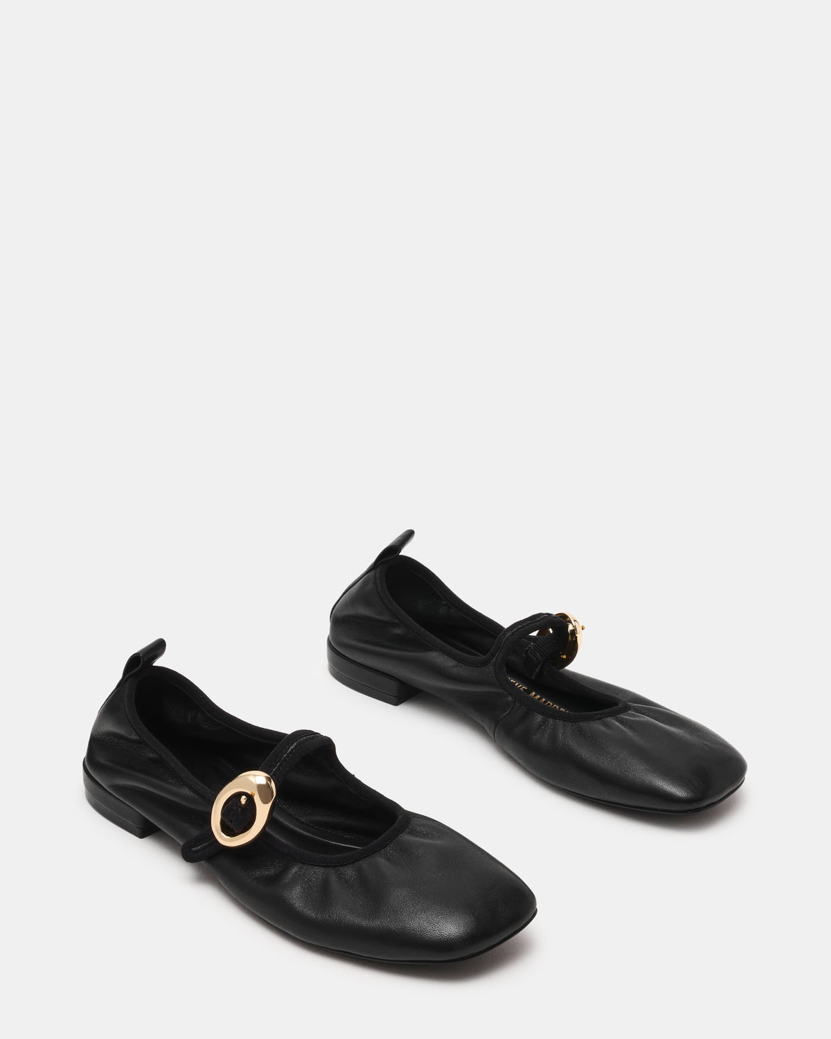 DAFFIA Black Leather Mary Jane Gold-Detail Buckle Ballet Women's Flat