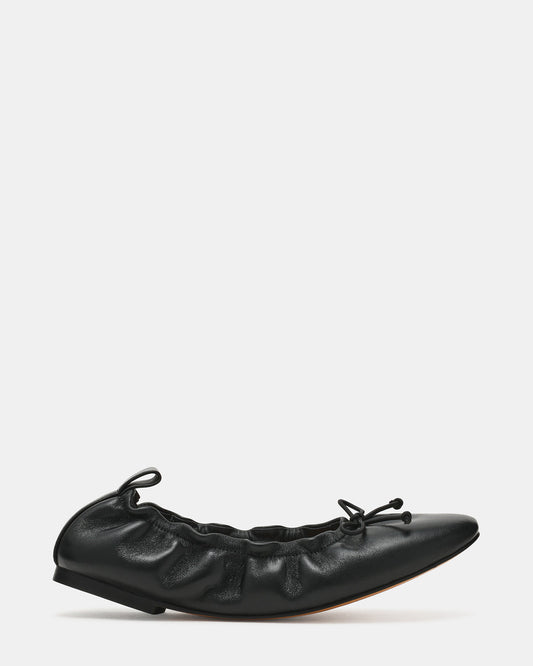 LANTI Black Leather Bow Round-Toe Women's Flat