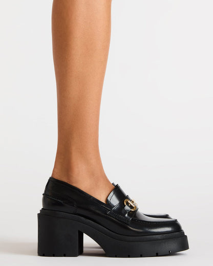 LAZRA Black Platform Lug Block Heel Women's Loafer