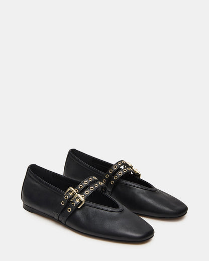 LYDIA Black Leather Square-Toe Mary Jane Ballet Women's Flat