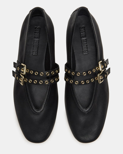 LYDIA Black Leather Square-Toe Mary Jane Ballet Women's Flat