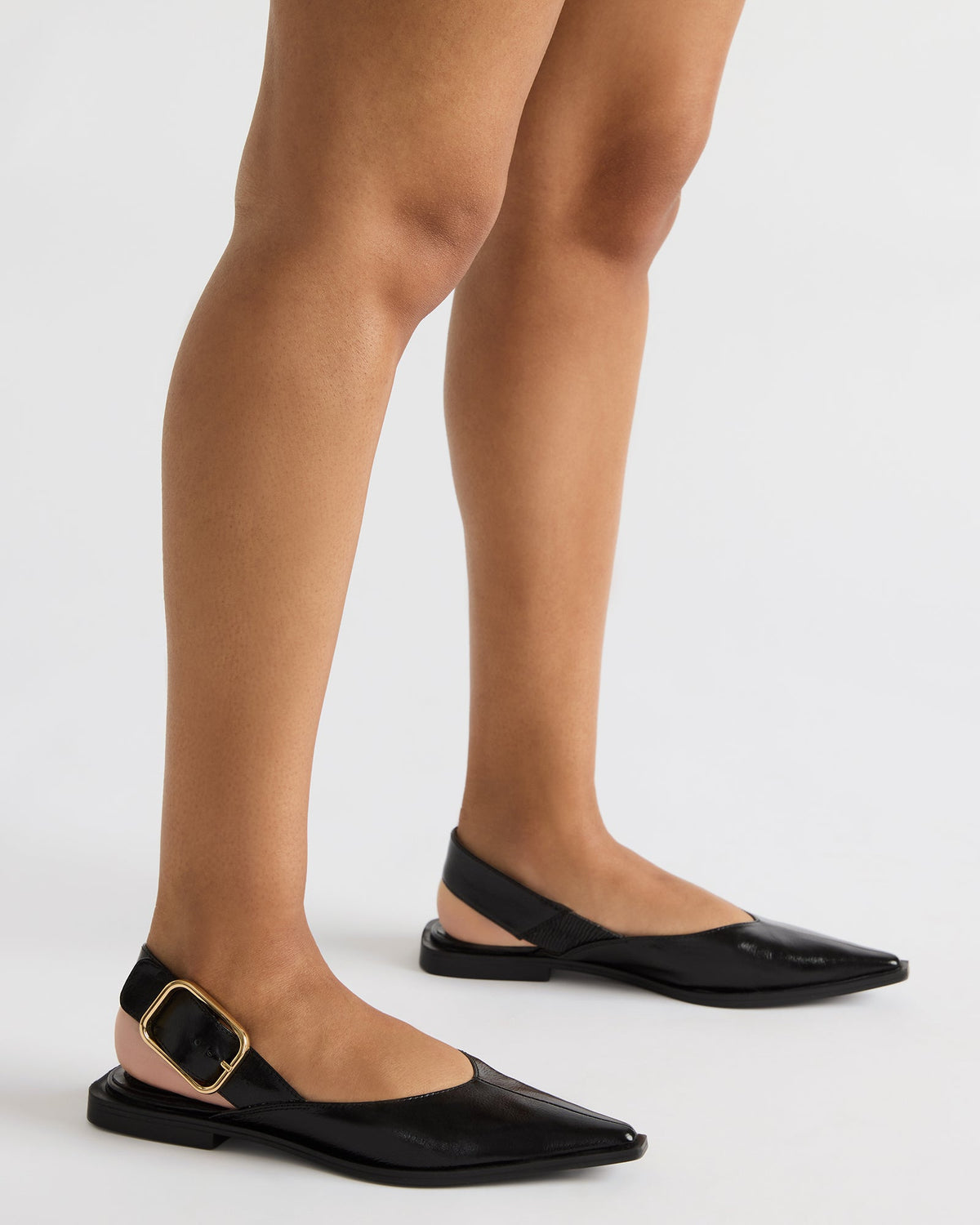 SHAY Black Leather Pointed-Toe Slingback Ballet Women's Flat