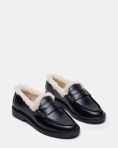 MADISON Faux Fur Black Leather Women's Penny Loafer