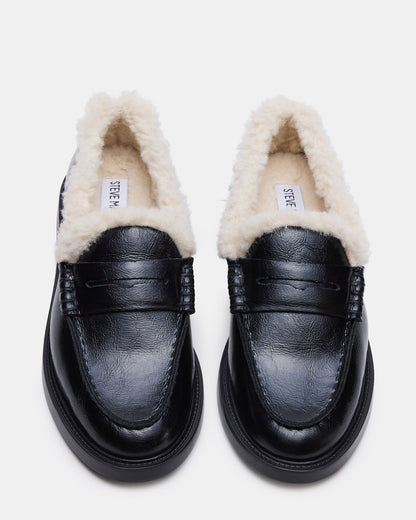 MADISON Faux Fur Black Leather Women's Penny Loafer