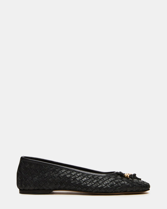DIVY Black Leather Woven Bow Ballet Round-Toe Women's Flat