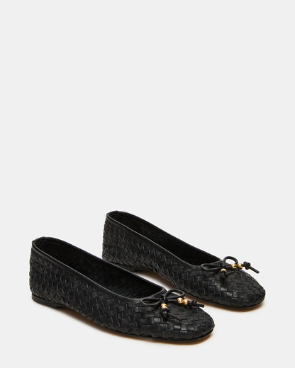 DIVY Black Leather Woven Bow Ballet Round-Toe Women's Flat
