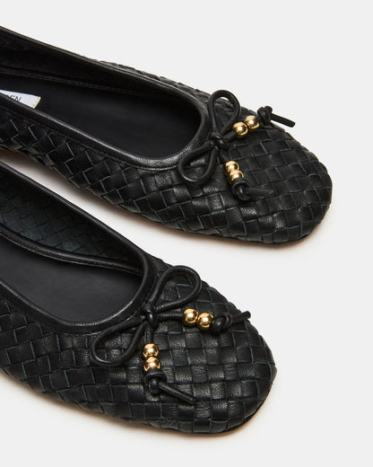 DIVY Black Leather Woven Bow Ballet Round-Toe Women's Flat
