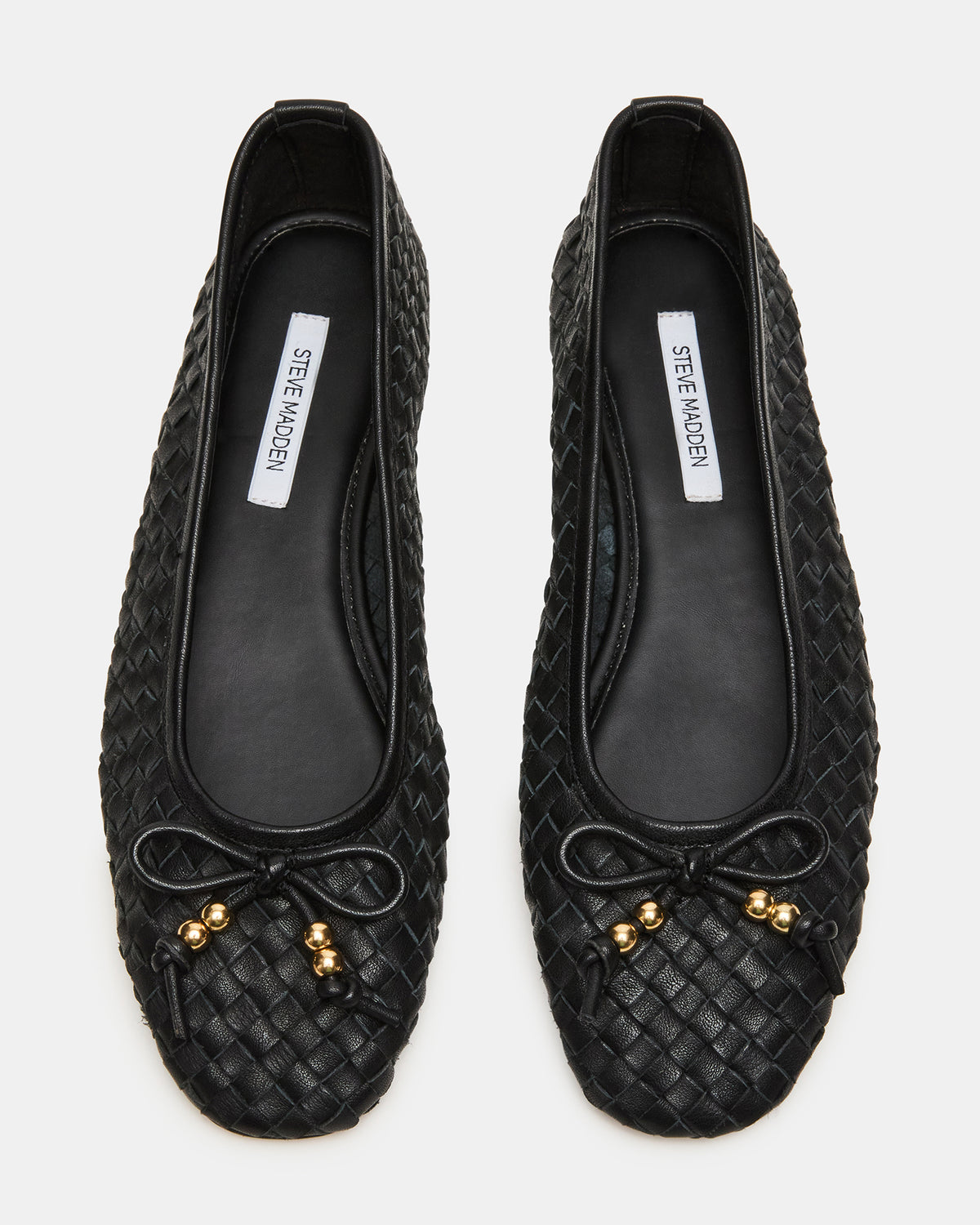 DIVY Black Leather Woven Bow Ballet Round-Toe Women's Flat